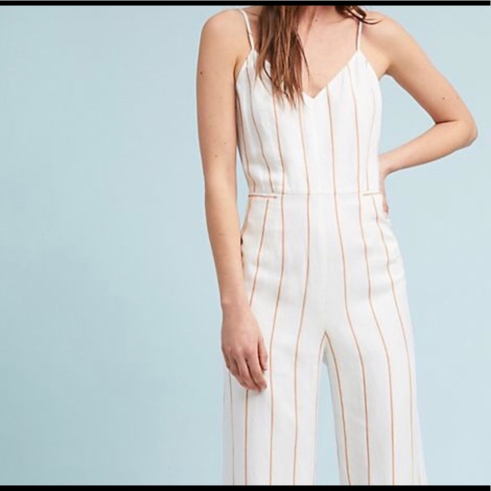 Anthropologie cream with orange pinstripe jumpsuit